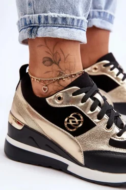 Damskie Evento Damskie Sznurowane Buty Sportowe Na Koturnie Czarno-Złote Genova