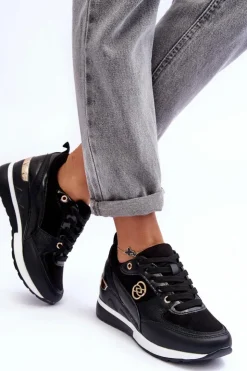 New Evento Damskie Sznurowane Buty Sportowe Na Koturnie Czarne Genova