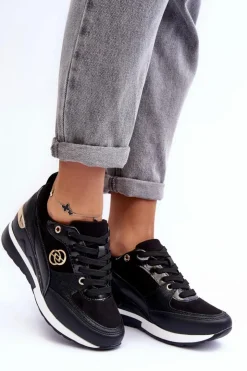 New Evento Damskie Sznurowane Buty Sportowe Na Koturnie Czarne Genova