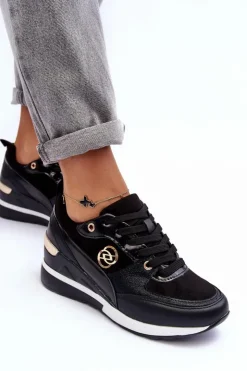 New Evento Damskie Sznurowane Buty Sportowe Na Koturnie Czarne Genova