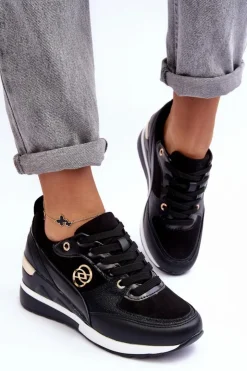 New Evento Damskie Sznurowane Buty Sportowe Na Koturnie Czarne Genova