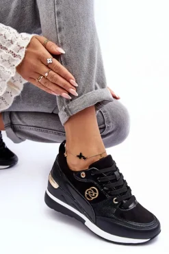 New Evento Damskie Sznurowane Buty Sportowe Na Koturnie Czarne Genova