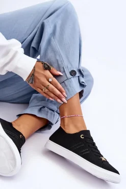 Discount Boto Damskie Sznurowane Trampki Czarne Etna Czarny