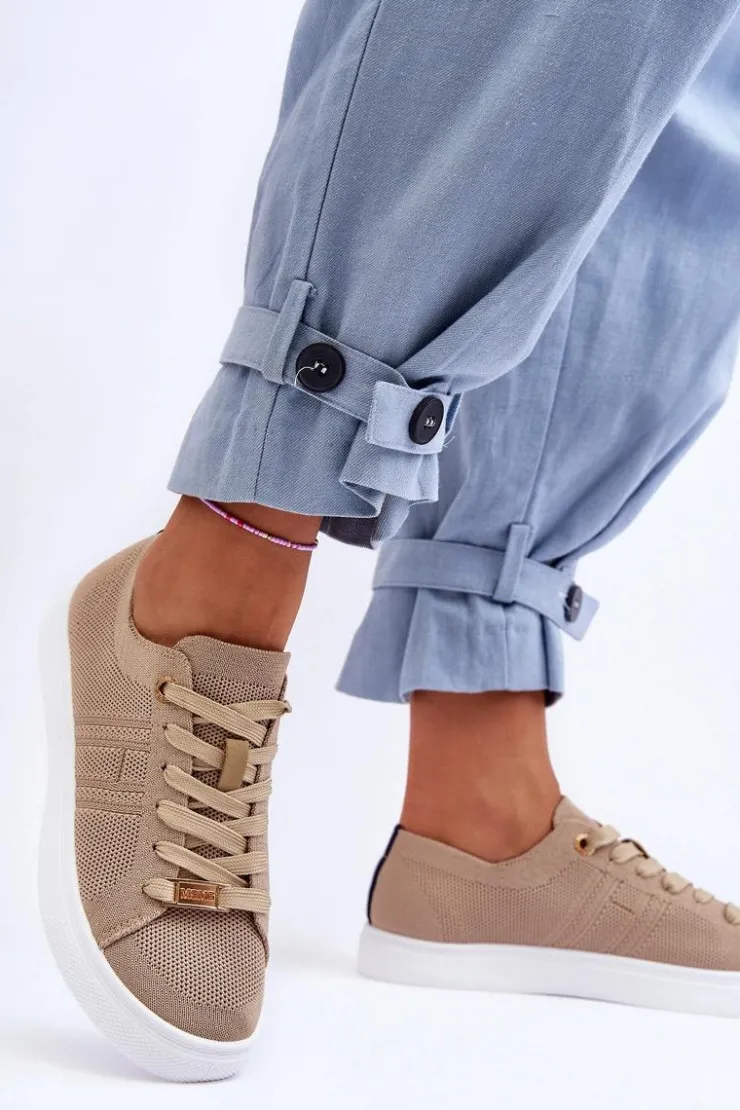 Outlet Boto Damskie Sznurowane Trampki Beżowe Etna