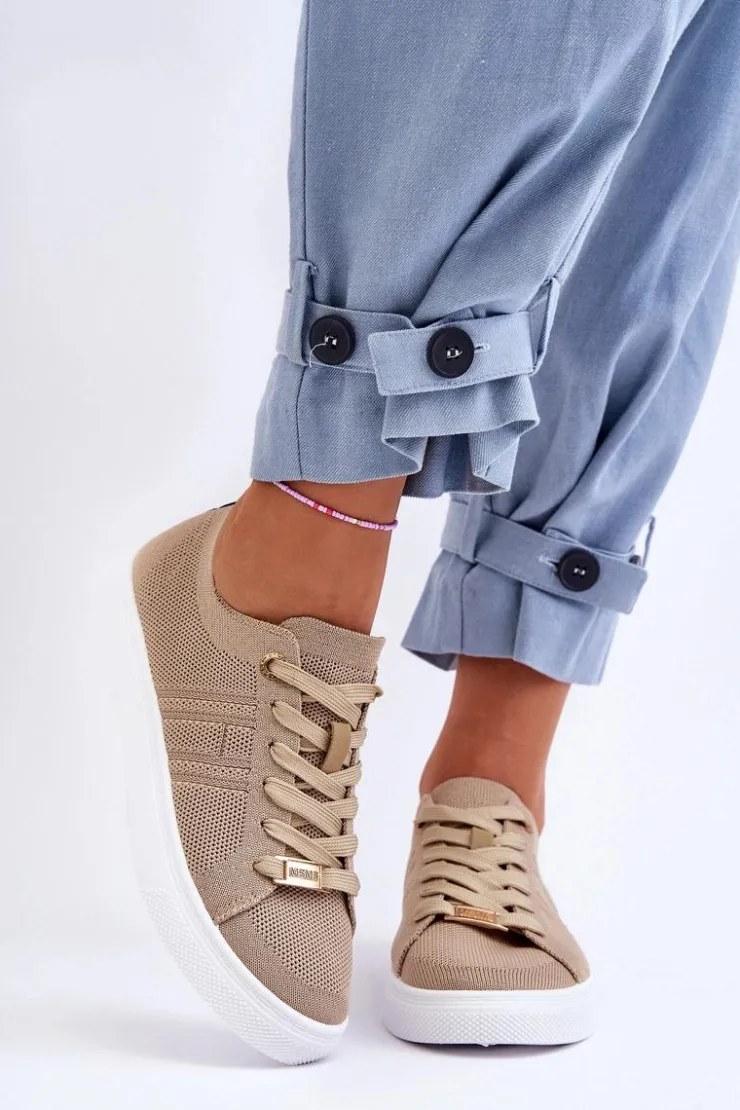 Outlet Boto Damskie Sznurowane Trampki Beżowe Etna