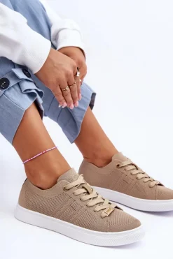 Outlet Boto Damskie Sznurowane Trampki Beżowe Etna