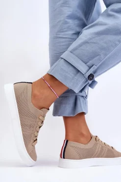 Outlet Boto Damskie Sznurowane Trampki Beżowe Etna