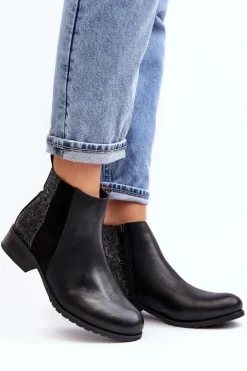 Boto Botki Wiosenne|Botki Ocieplane*Damskie Sztyblety Botki Na Płaskim Obcasie Z Cekinami Czarne Messio