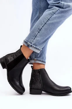 Boto Botki Wiosenne|Botki Ocieplane*Damskie Sztyblety Botki Na Płaskim Obcasie Z Cekinami Czarne Messio