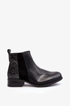Boto Botki Wiosenne|Botki Ocieplane*Damskie Sztyblety Botki Na Płaskim Obcasie Z Cekinami Czarne Messio