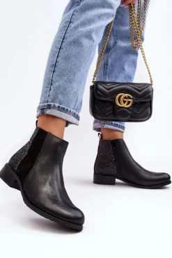 Boto Botki Wiosenne|Botki Ocieplane*Damskie Sztyblety Botki Na Płaskim Obcasie Z Cekinami Czarne Messio