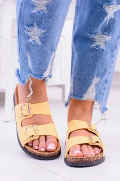 Discount Boto Damskie Żółte Klapki Z Klamrami Na Korku Ferone