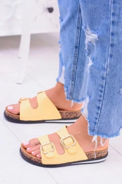 Discount Boto Damskie Żółte Klapki Z Klamrami Na Korku Ferone