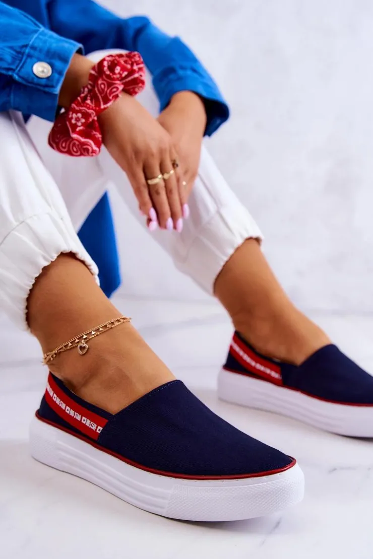 Big Star Shoes Trampki Damskie Slip-On|Trampki Damskie Big Star*Damskie Tenisówki Slip On Big Star JJ276009 Granatowo-Czerwone