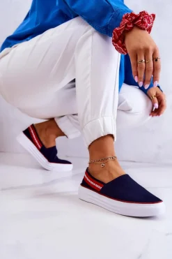 Big Star Shoes Trampki Damskie Slip-On|Trampki Damskie Big Star*Damskie Tenisówki Slip On Big Star JJ276009 Granatowo-Czerwone