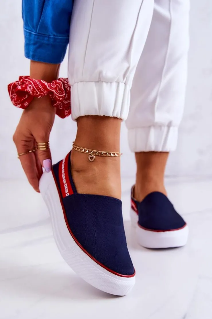 Big Star Shoes Trampki Damskie Slip-On|Trampki Damskie Big Star*Damskie Tenisówki Slip On Big Star JJ276009 Granatowo-Czerwone