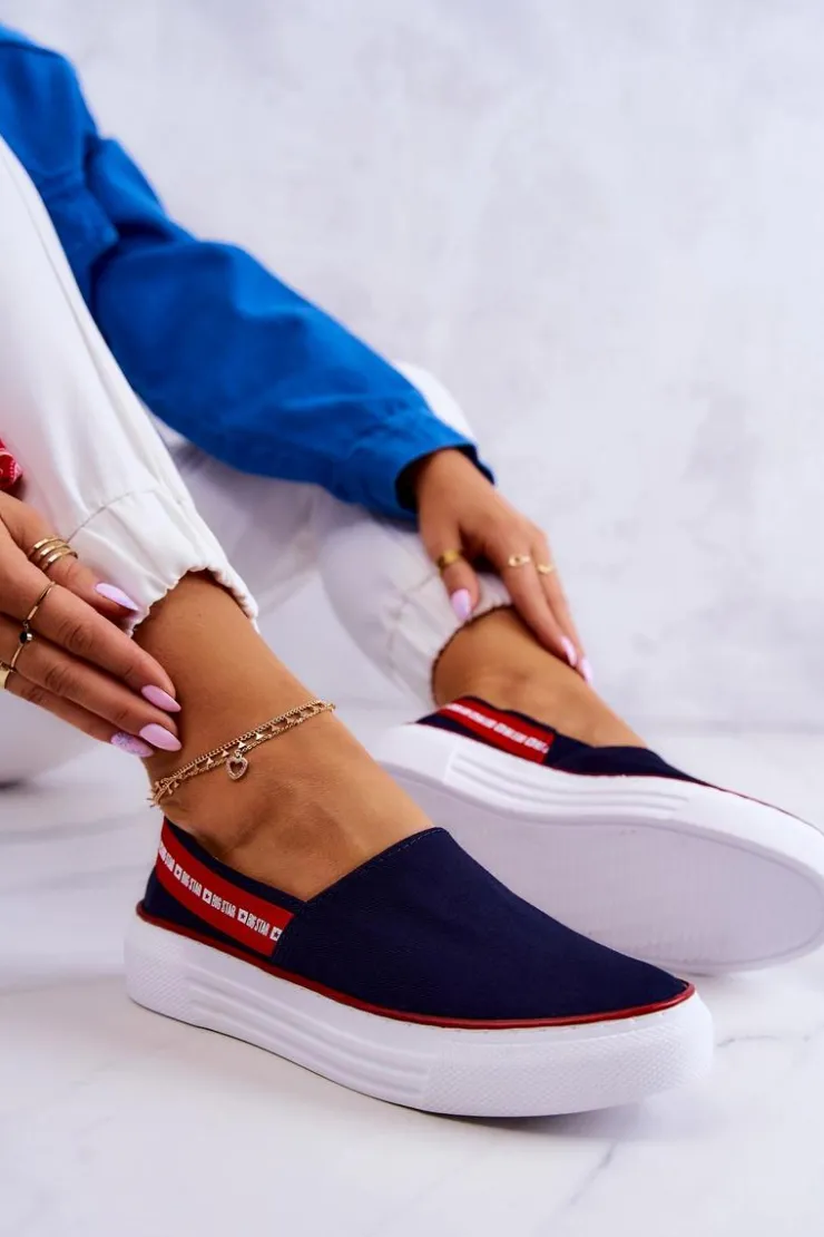 Big Star Shoes Trampki Damskie Slip-On|Trampki Damskie Big Star*Damskie Tenisówki Slip On Big Star JJ276009 Granatowo-Czerwone