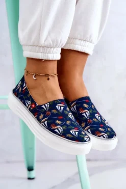 New Big Star Shoes Damskie Tenisówki Slip On Memory Foam Big Star JJ276016 Granatowe