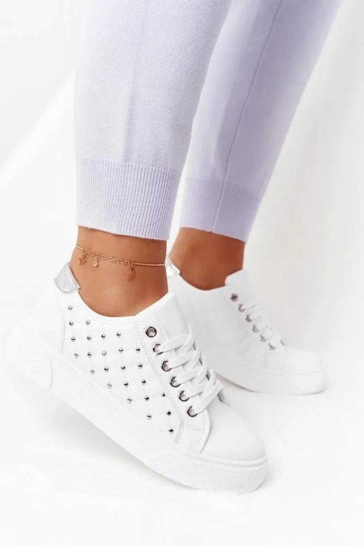 Damskie Boto Damskie Tenisówki Z Pikowaniem Biało-Srebrne Fondness