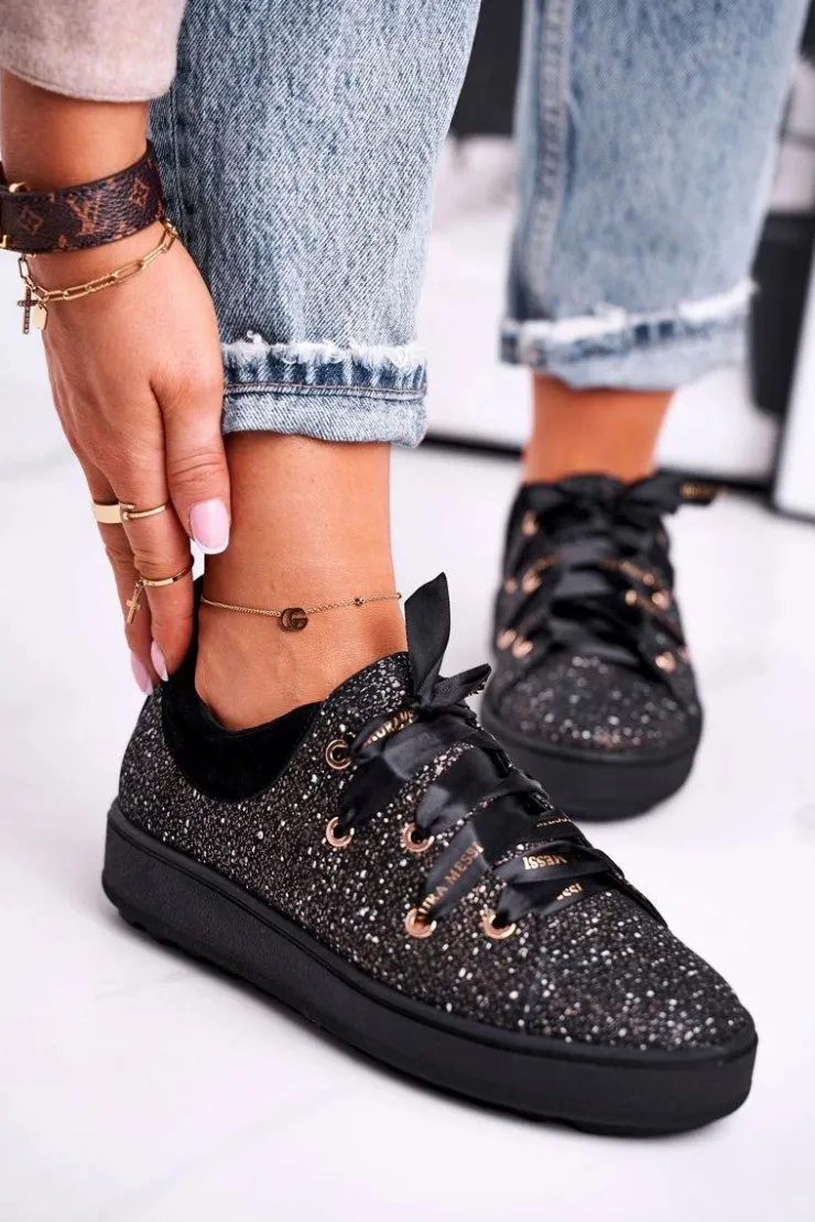 Laura Messi Damskie Trampki Eleganckie Skórzane Czarne 2045