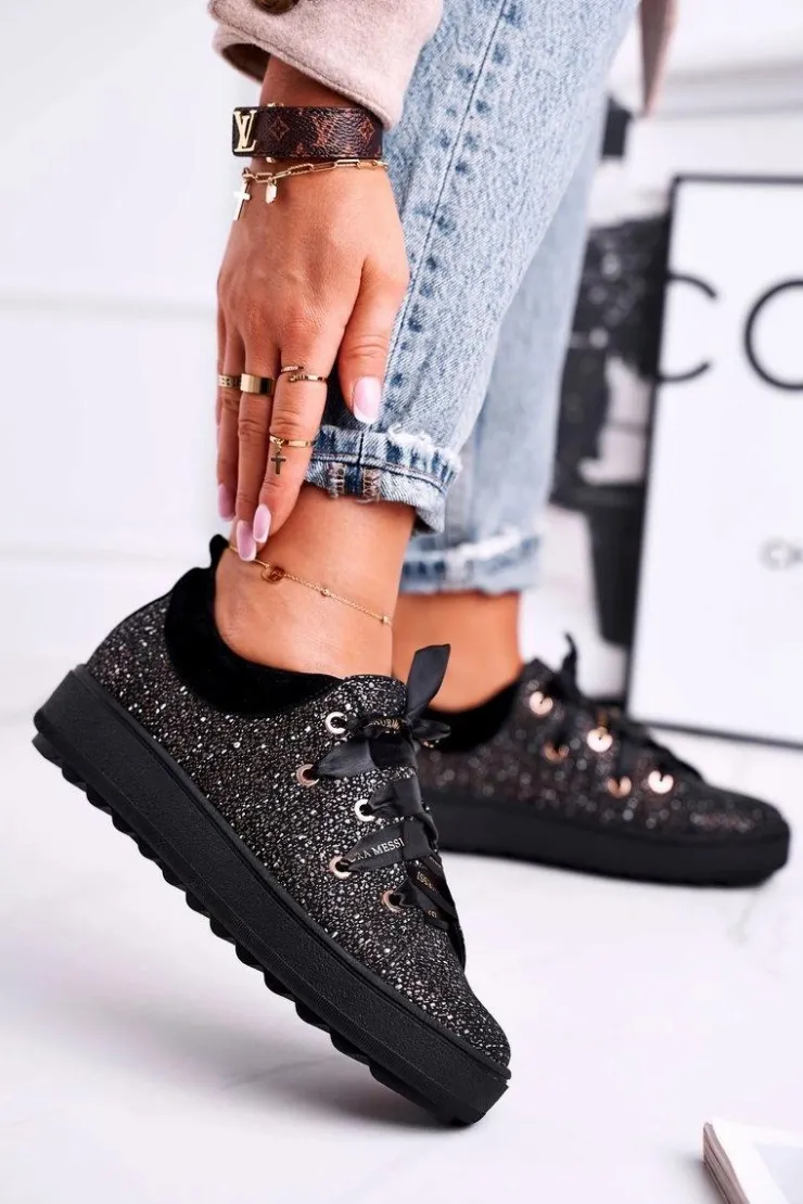 Laura Messi Damskie Trampki Eleganckie Skórzane Czarne 2045