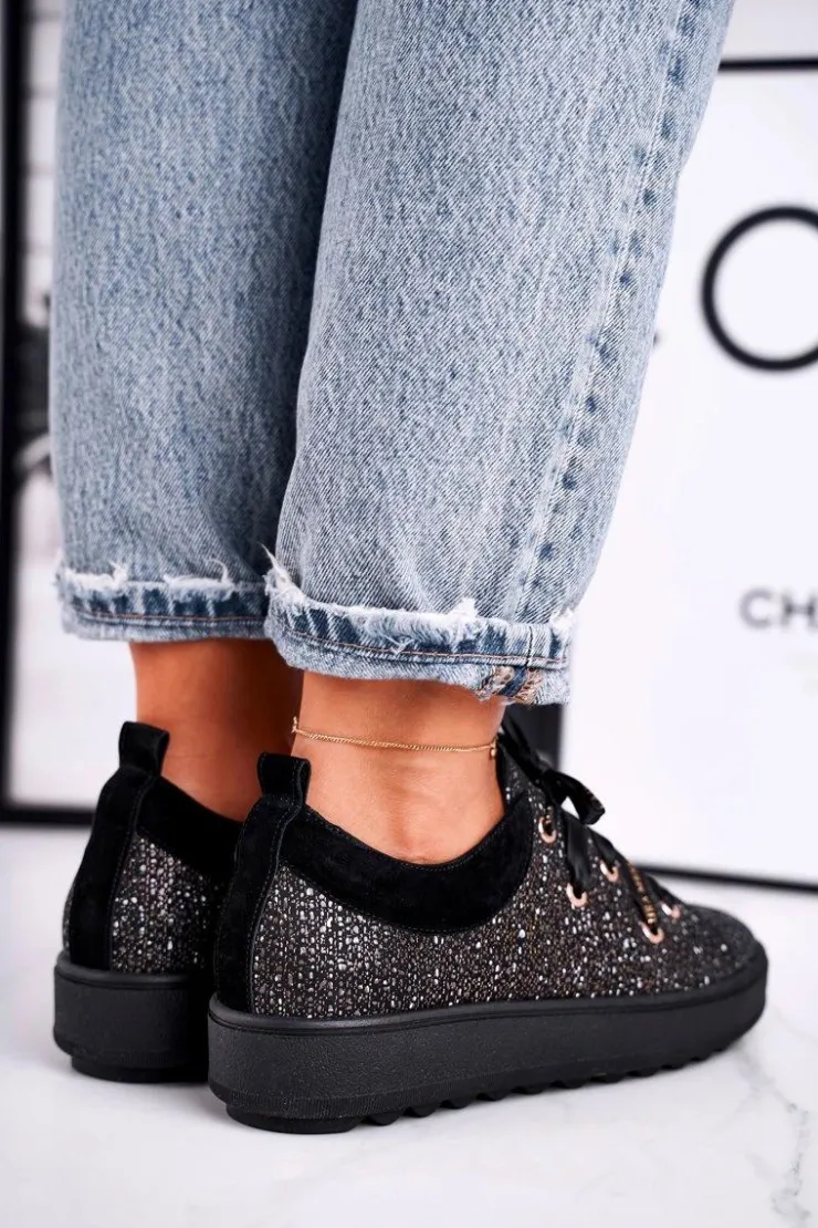 Laura Messi Damskie Trampki Eleganckie Skórzane Czarne 2045