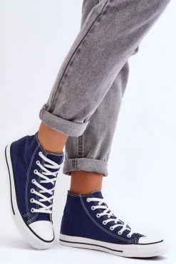 Boto Trampki Damskie Wysokie*Damskie Trampki Klasyczne Wysokie Granatowe Remos Niebieski