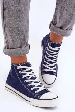 Boto Trampki Damskie Wysokie*Damskie Trampki Klasyczne Wysokie Granatowe Remos Niebieski