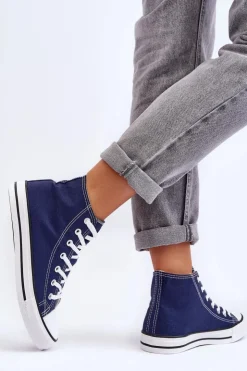 Boto Trampki Damskie Wysokie*Damskie Trampki Klasyczne Wysokie Granatowe Remos Niebieski