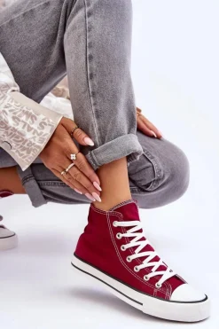 Boto Trampki Damskie Wysokie*Damskie Trampki Klasyczne Wysokie Bordowe Remos