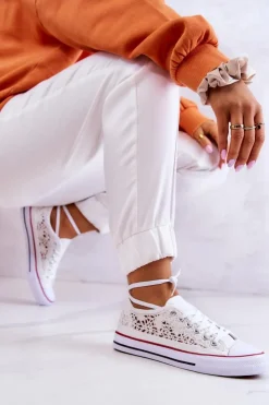 Clearance Boto Damskie Trampki Koronkowe Białe Venture Biały