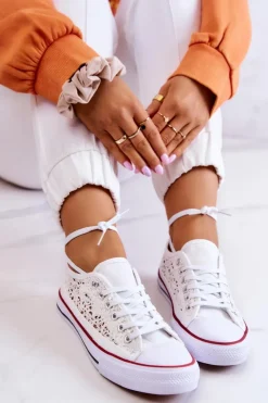 Clearance Boto Damskie Trampki Koronkowe Białe Venture Biały