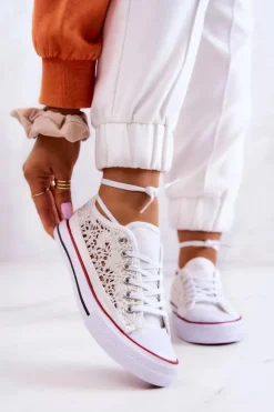 Clearance Boto Damskie Trampki Koronkowe Białe Venture Biały