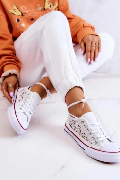 Clearance Boto Damskie Trampki Koronkowe Białe Venture Biały