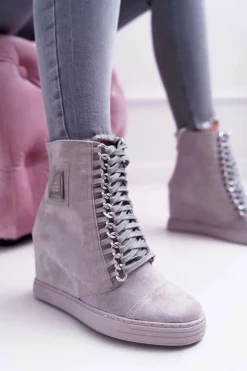 Boto Trampki Damskie Wysokie*Damskie Trampki Lu Boo Z Łańcuchami Zamszowe Szare Monica