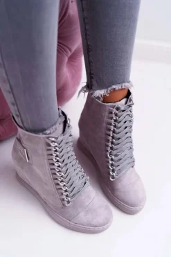 Boto Trampki Damskie Wysokie*Damskie Trampki Lu Boo Z Łańcuchami Zamszowe Szare Monica