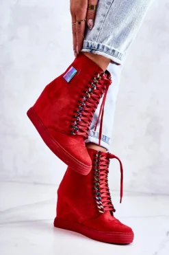 Boto Trampki Damskie Wysokie*Damskie Trampki Lu Boo Z Łańcuchami Zamszowe Multi-Czerwone Monica