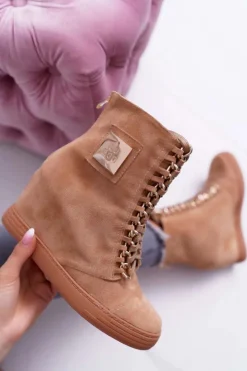 Boto Trampki Damskie Wysokie*Damskie Trampki Lu Boo Złoty Łańcuch Zamsz Camel Monica