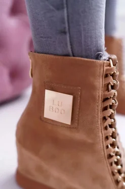 Boto Trampki Damskie Wysokie*Damskie Trampki Lu Boo Złoty Łańcuch Zamsz Camel Monica