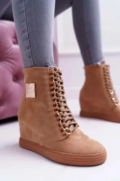 Boto Trampki Damskie Wysokie*Damskie Trampki Lu Boo Złoty Łańcuch Zamsz Camel Monica
