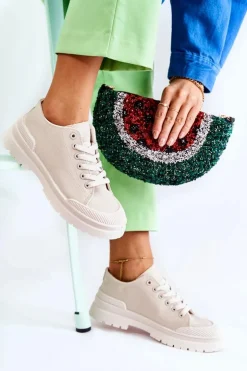 Boto Trampki Damskie Niskie*Damskie Trampki Materiałowe Jasnobeżowe Parossa