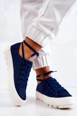 Big Star Shoes Trampki Damskie Big Star|Trampki Damskie Niskie*Damskie Trampki Na Platformie BIG STAR JJ274491 Granatowe
