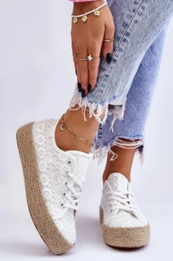 Damskie Big Star Shoes Damskie Trampki Na Plecionej Platformie Big Star LL274199 Białe