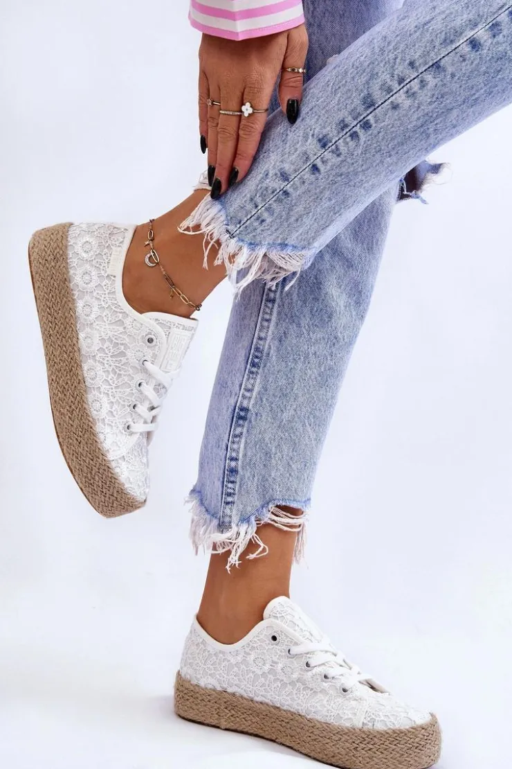 Damskie Big Star Shoes Damskie Trampki Na Plecionej Platformie Big Star LL274199 Białe