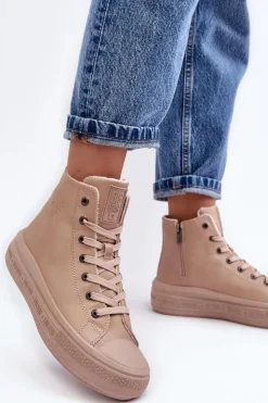 Big Star Shoes Trampki Damskie Big Star|Trampki Damskie Wysokie*Damskie Trampki Na Suwak Ocieplane Beżowe Big Star MM274022