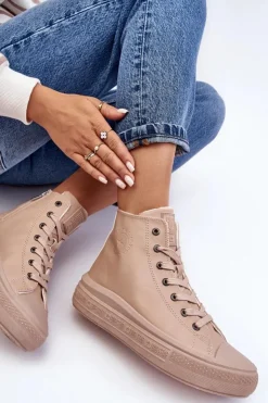 Big Star Shoes Trampki Damskie Big Star|Trampki Damskie Wysokie*Damskie Trampki Na Suwak Ocieplane Beżowe Big Star MM274022