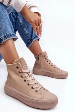 Big Star Shoes Trampki Damskie Big Star|Trampki Damskie Wysokie*Damskie Trampki Na Suwak Ocieplane Beżowe Big Star MM274022