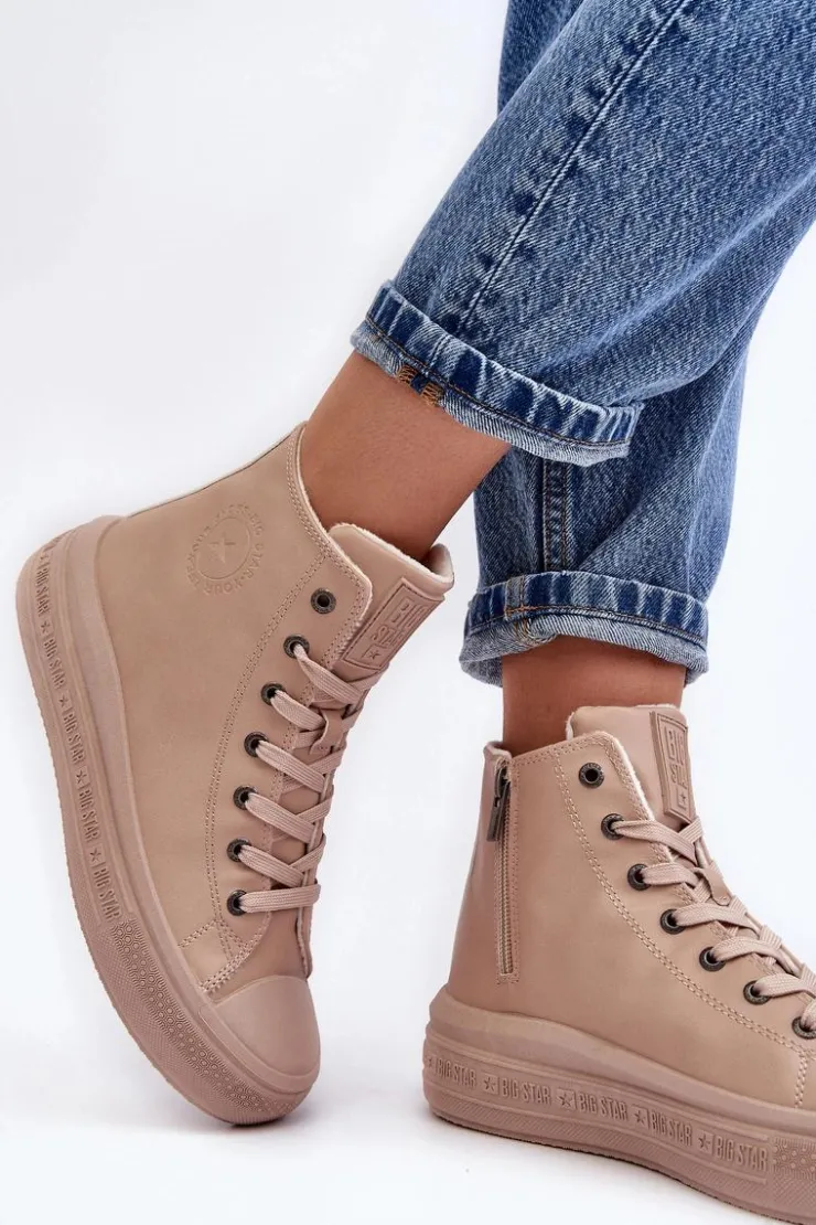 Big Star Shoes Trampki Damskie Big Star|Trampki Damskie Wysokie*Damskie Trampki Na Suwak Ocieplane Beżowe Big Star MM274022