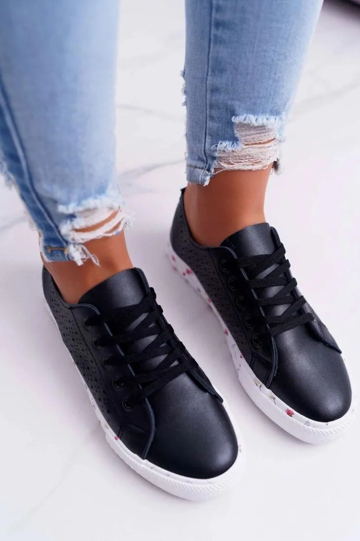 Damskie Boto Damskie Trampki W Kwiaty Ażurowe Czarne Loriann