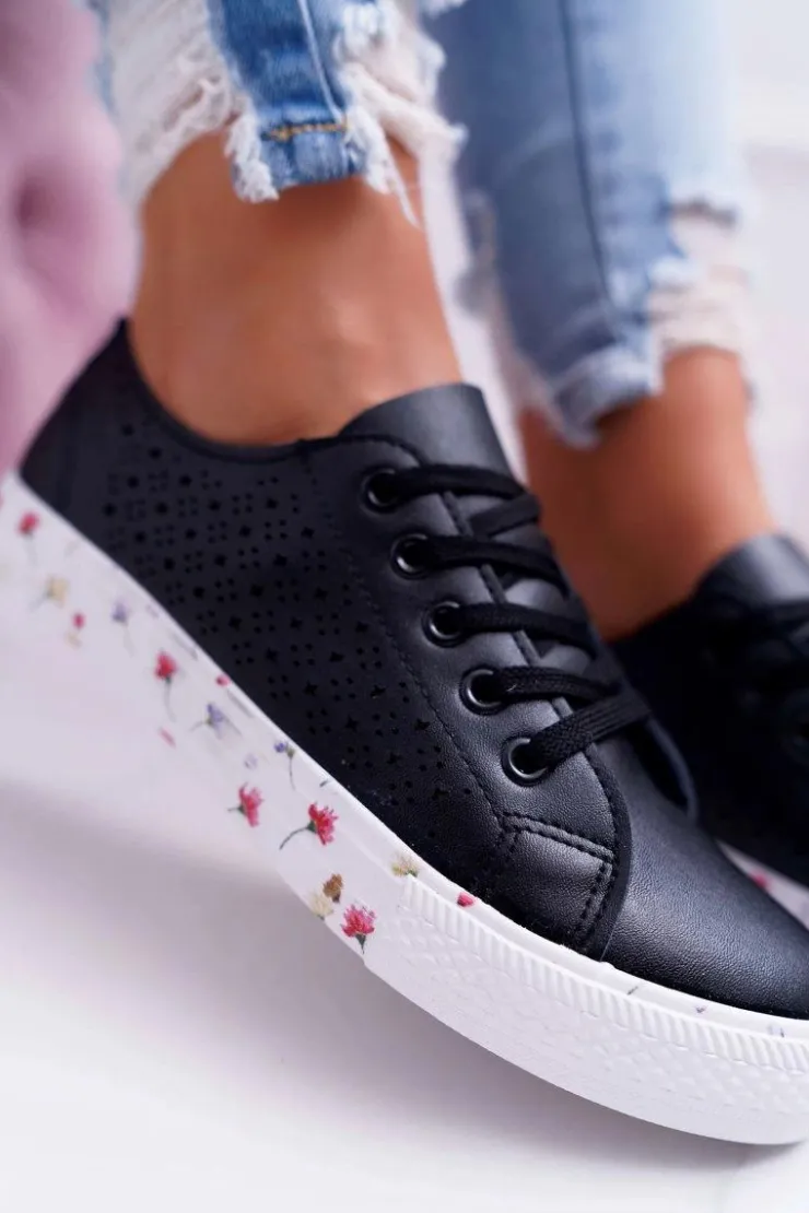 Damskie Boto Damskie Trampki W Kwiaty Ażurowe Czarne Loriann